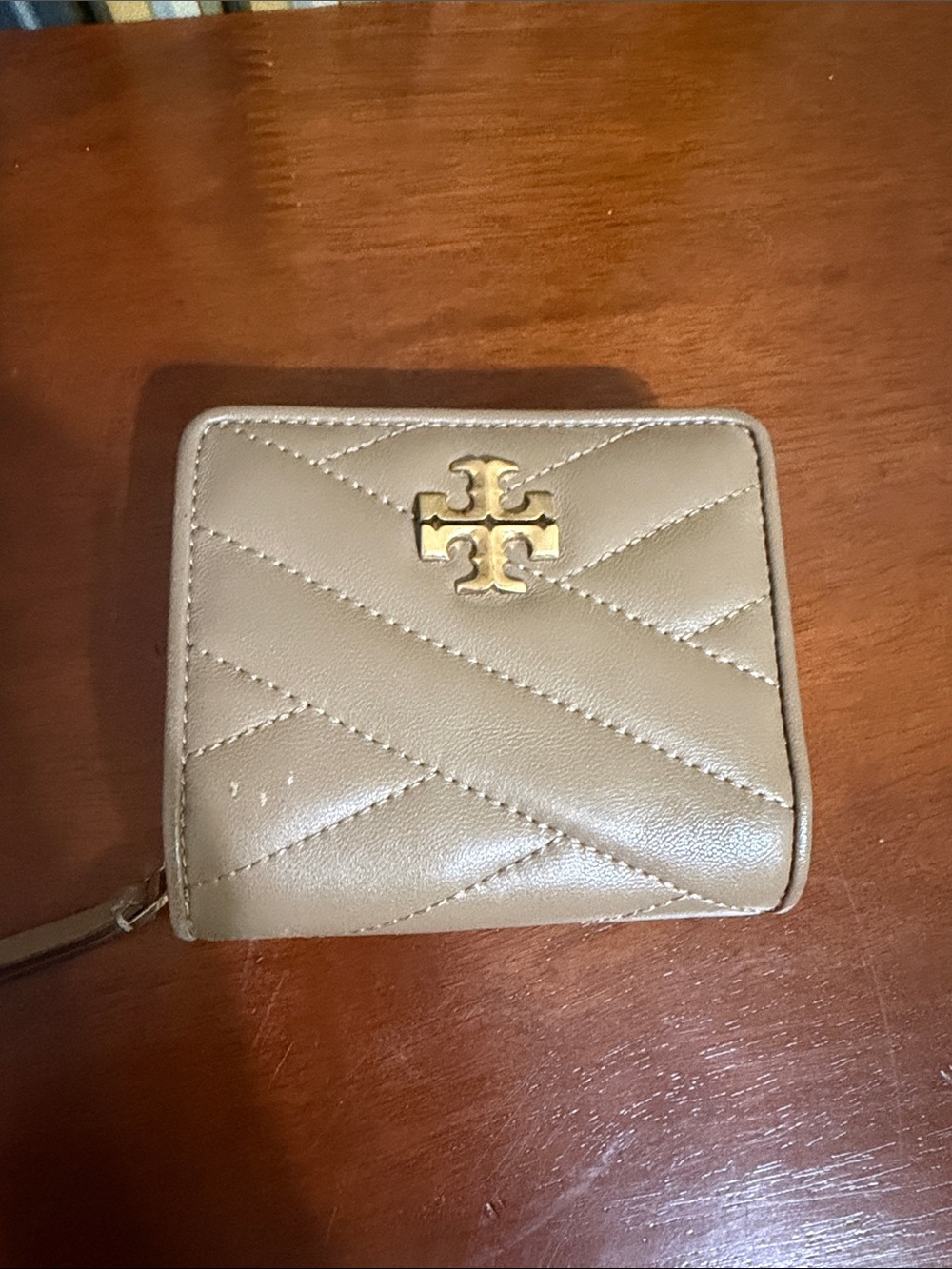 Tory Burch Quilted Zip Wallet in Taupe with Gold Logo
